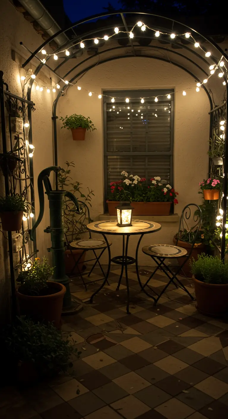 Petite alcôve extérieure avec arche en fer forgé, guirlande lumineuse, table et plantes en pot.