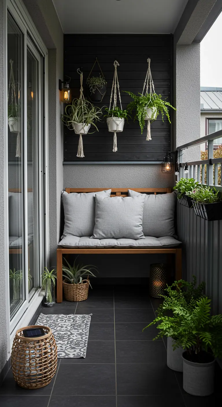 Balcon style industriel avec murs noirs, banc en bois, plantes en macramé et lanternes.