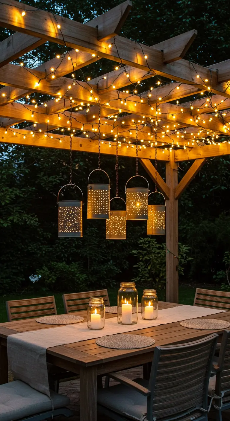 Pergola couverte de guirlandes lumineuses et lanternes suspendues, table à manger éclairée.