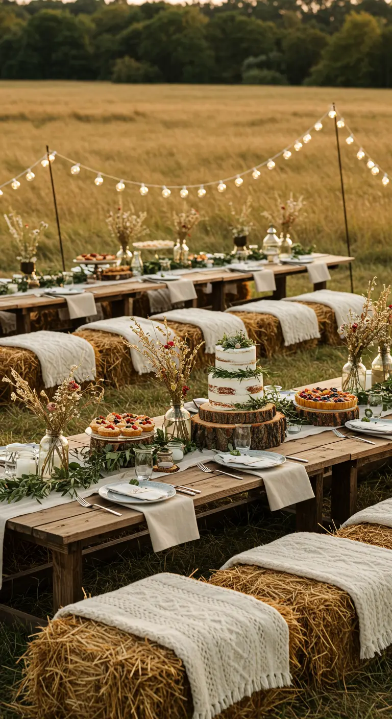 Tables en bois, bottes de paille recouvertes de plaids, guirlandes lumineuses dans un champ doré.
