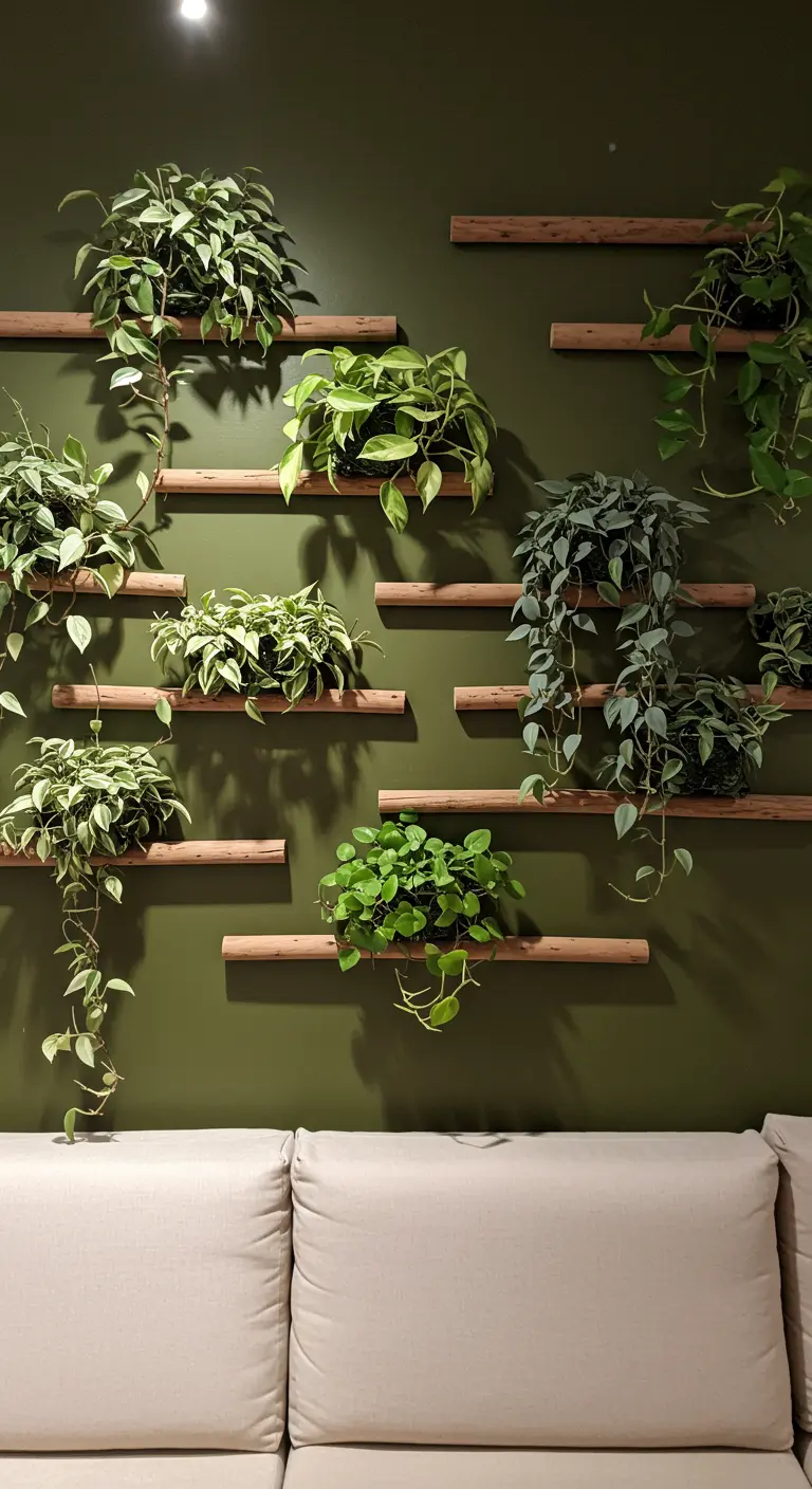 Mur vert foncé avec des barres de bois horizontales servant d'étagères pour plantes vertes variées.