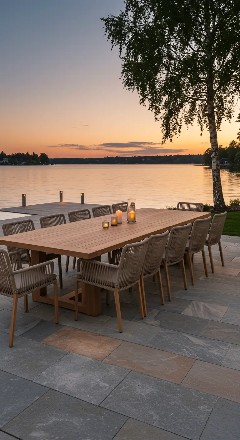 Grande table en bois naturel, chaises tressées beiges sur une terrasse en pierre au bord d'un lac au coucher du soleil.