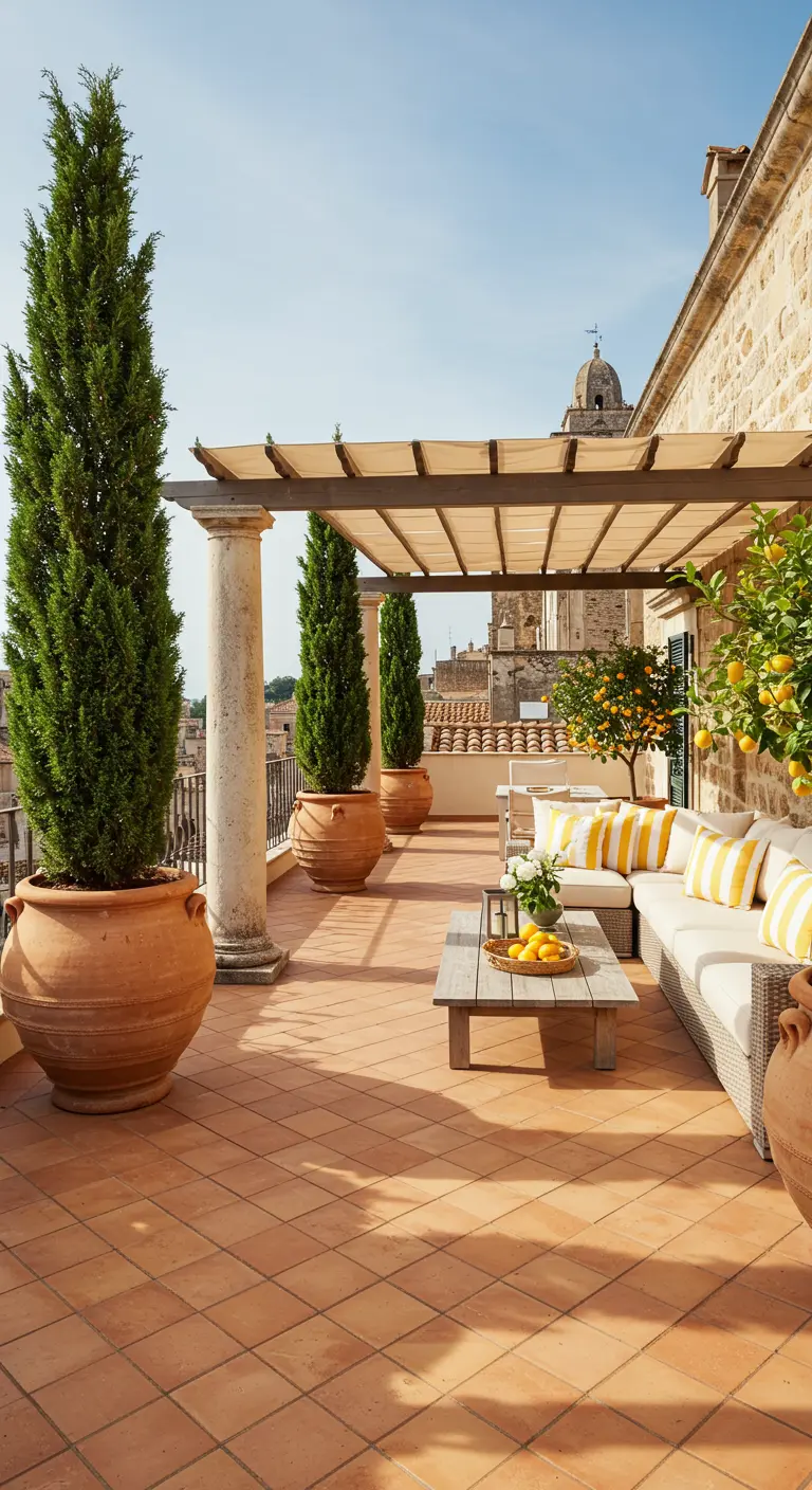 Grande terrasse méditerranéenne avec cyprès imposants en pots, canapé d'angle et pergola ombragée.