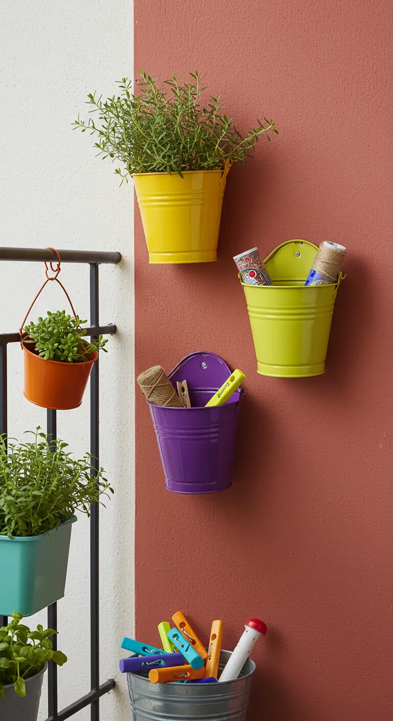 Balcon avec des seaux métalliques colorés suspendus, contenant des plantes et des objets.