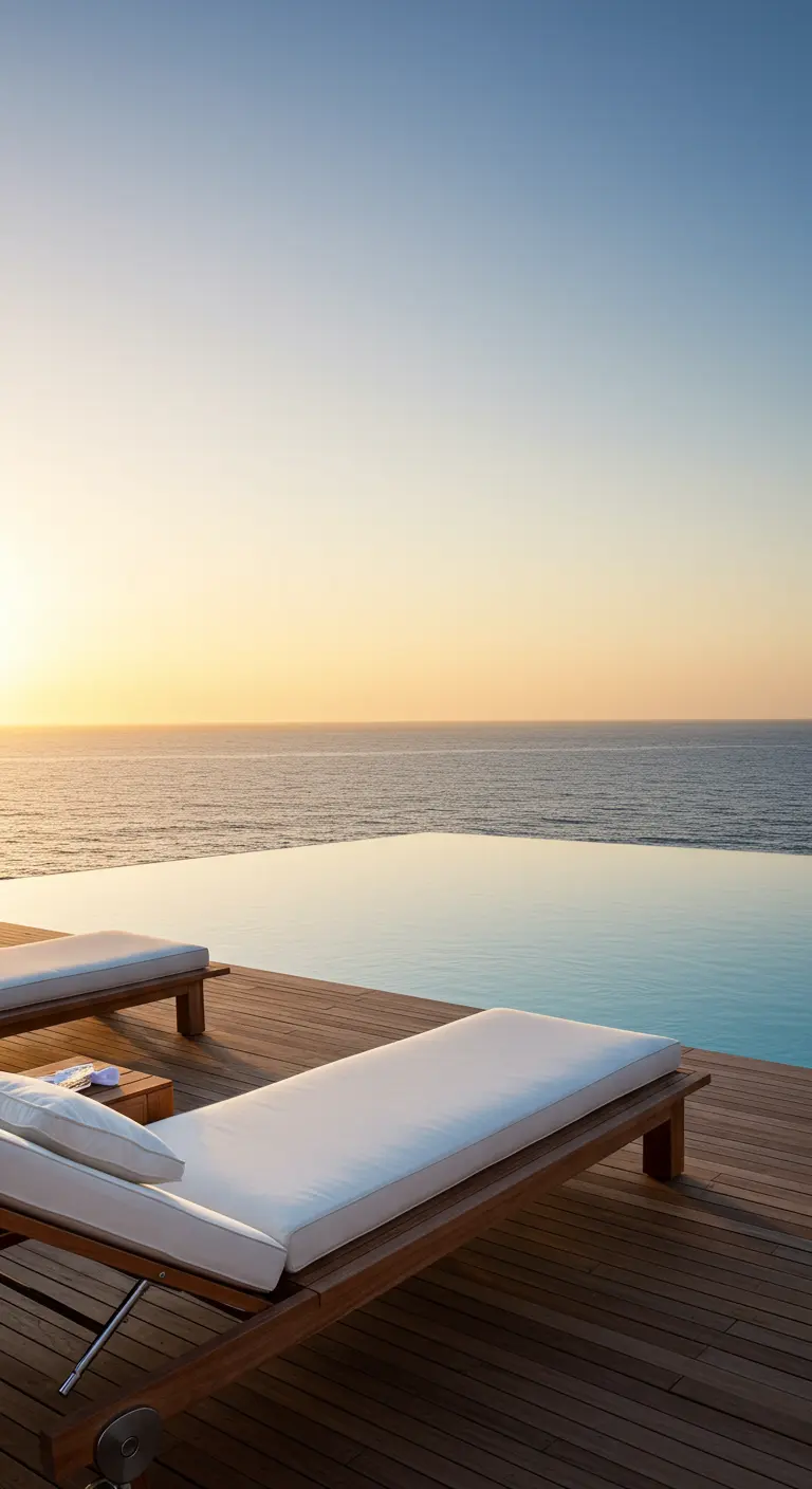 Deux transats blancs en bois, petite table d'appoint, piscine à débordement, lever de soleil sur la mer.