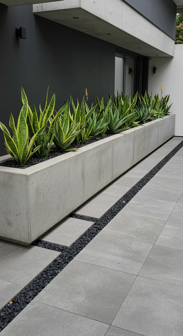 Longue jardinière en béton avec Sansevieria et Agave, bande de galets noirs, dalles grises.