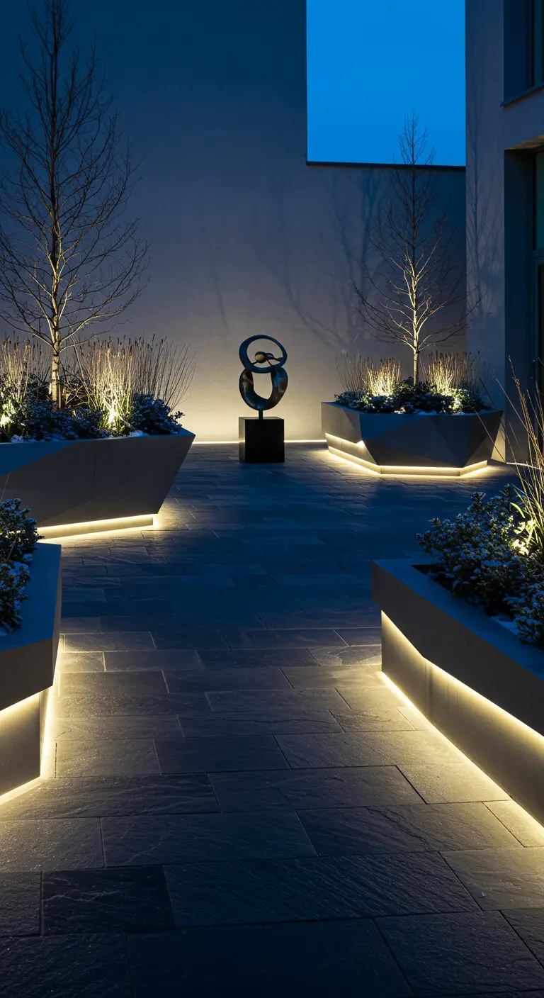 Chemin lumineux moderne avec jardinières éclairées par LED et sculpture abstraite.