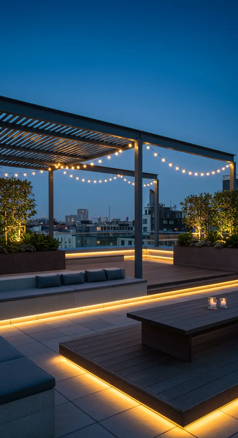 Rooftop moderne avec éclairage LED linéaire intégré sous les bancs et guirlandes lumineuses.