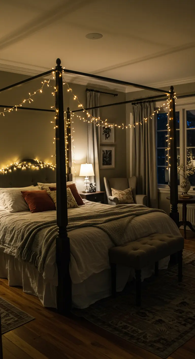Chambre confortable avec lit à baldaquin décoré de guirlandes lumineuses scintillantes.