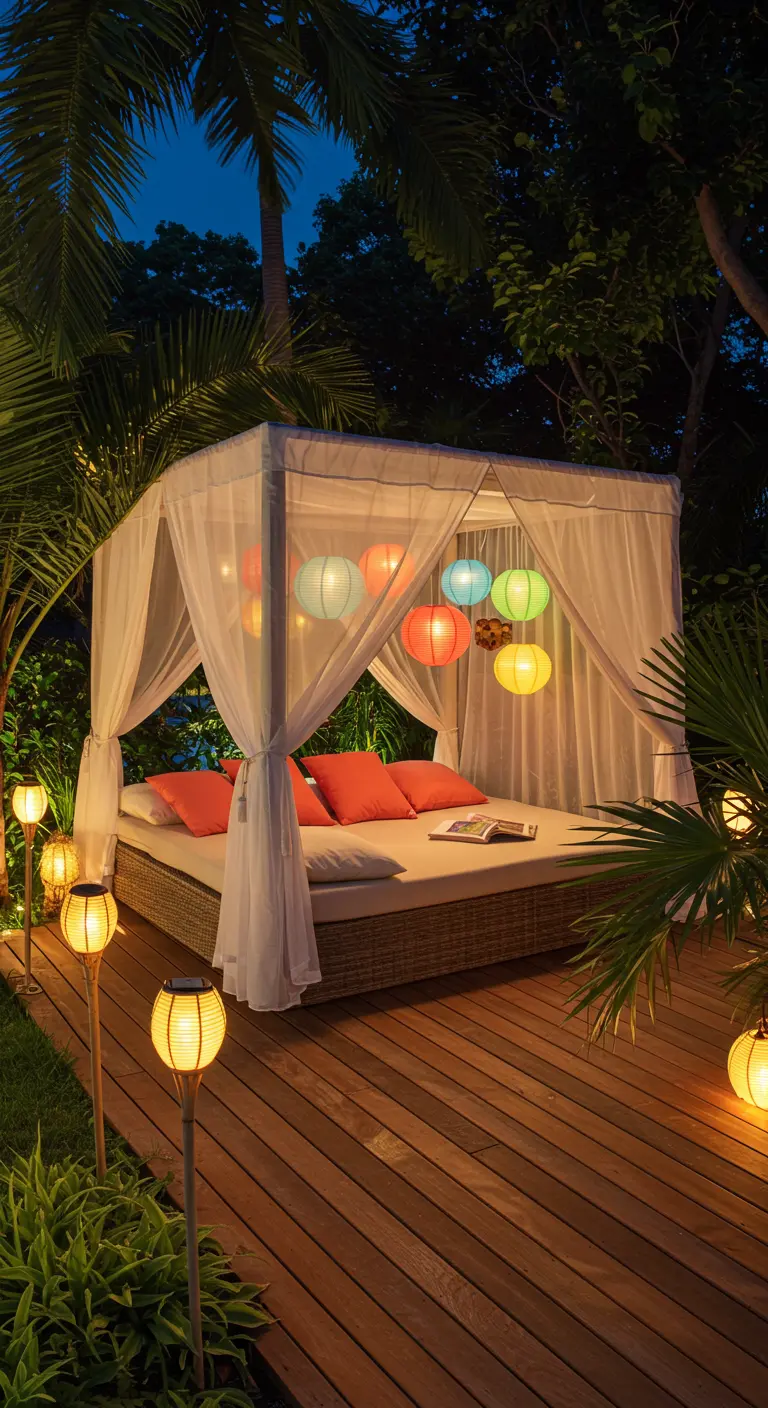 Lit de repos extérieur sous une pergola blanche, avec des lampions colorés et lanternes.