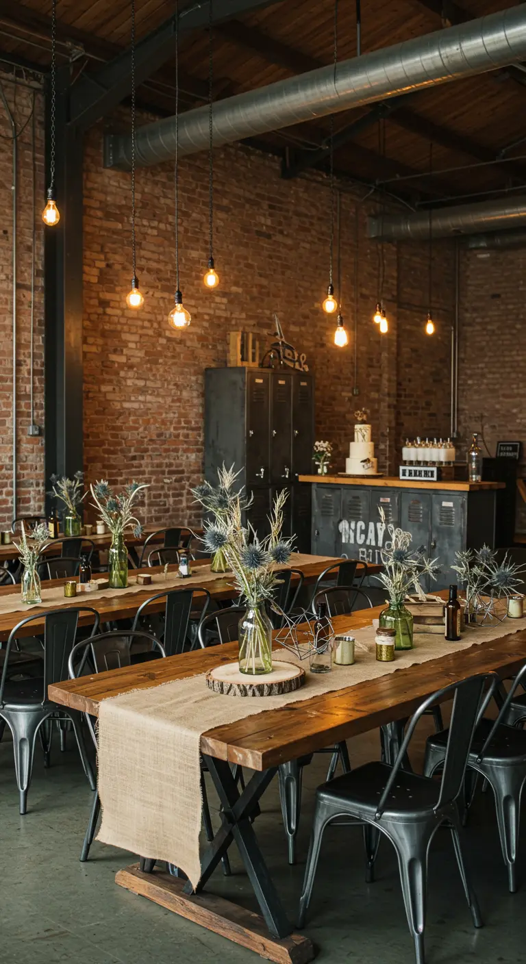 Intérieur de loft industriel avec murs de briques, tables en bois, chaises métalliques et lumières Edison.