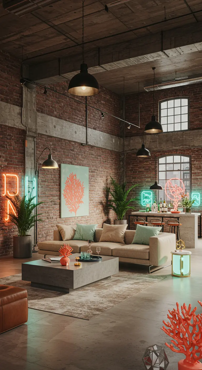 Salon industriel avec mur en briques, canapé beige, coussins menthe, néons colorés et décorations corail.