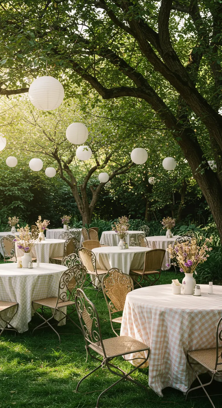 Jardin verdoyant avec tables rondes, chaises en fer forgé et lanternes chinoises blanches suspendues.