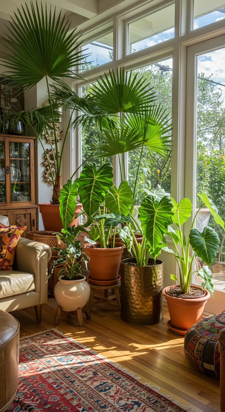 Plantes tropicales dans des pots en terre cuite et laiton sous la lumière naturelle.
