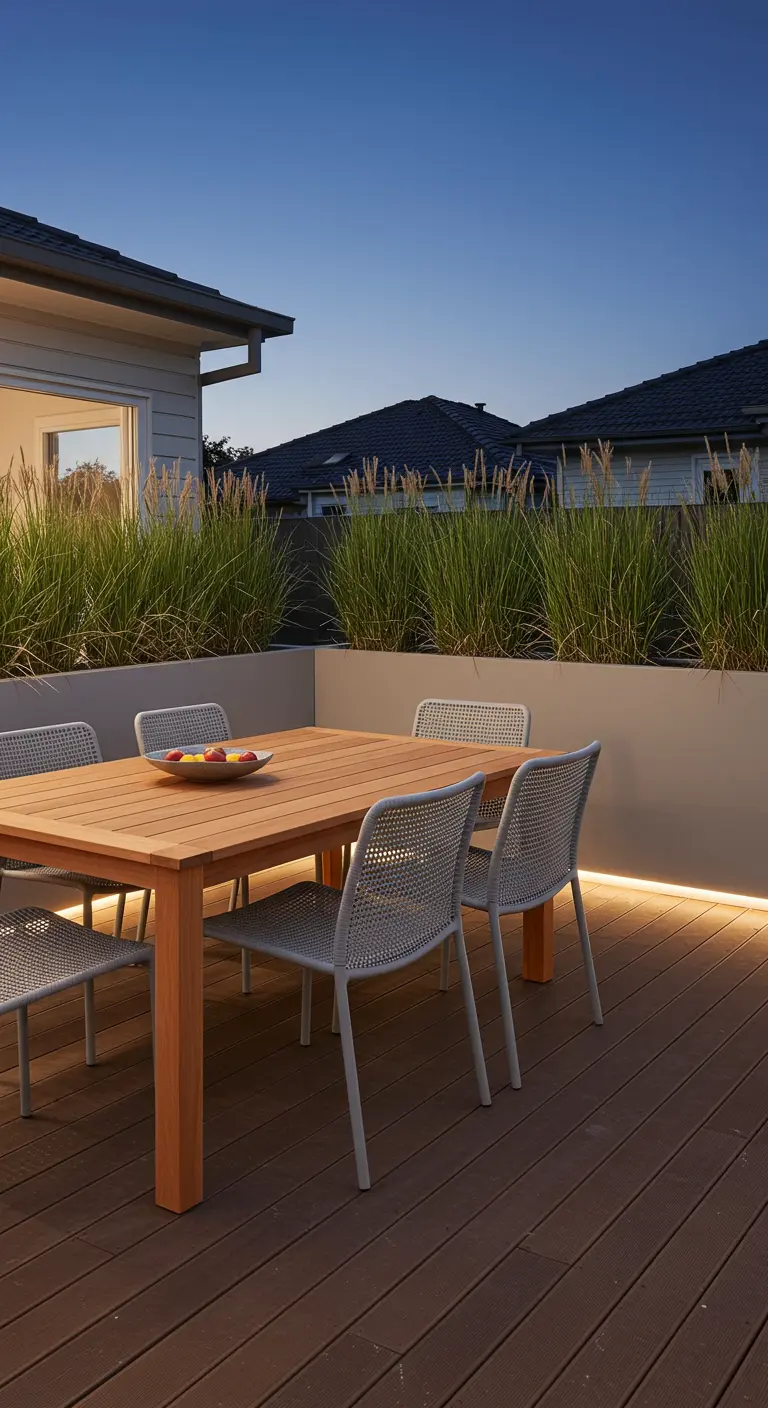Table rectangulaire en bois, chaises grises sur une terrasse moderne avec jardinière de graminées éclairée.