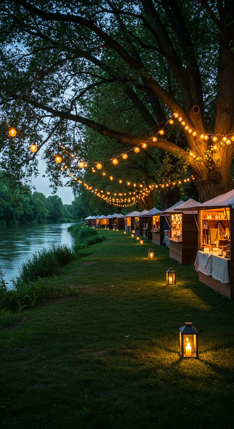 Marché nocturne le long d'une rivière, illuminé par des guirlandes lumineuses suspendues et des lanternes au sol.