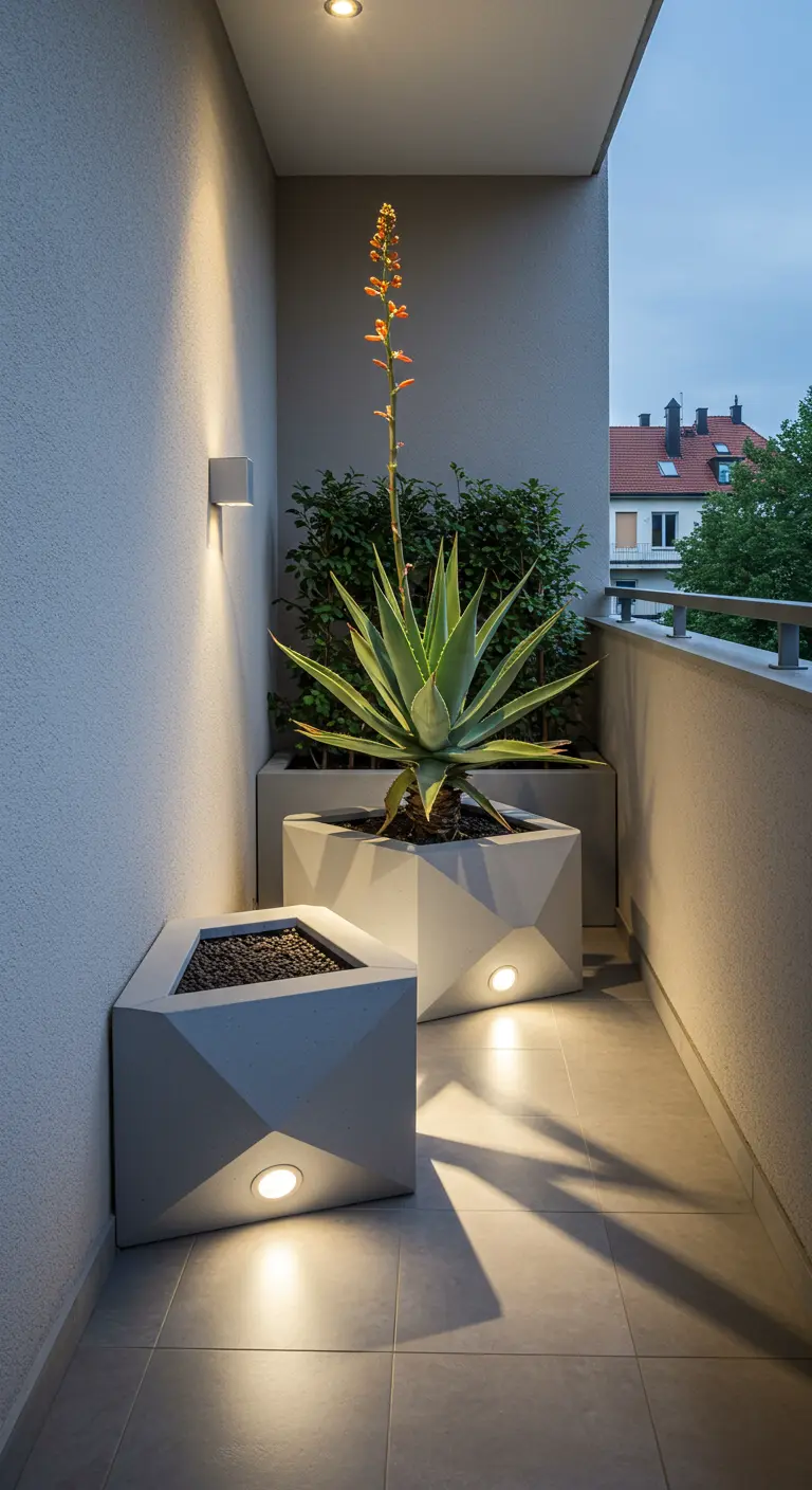 Balcon avec grands pots blancs géométriques, plante unique, et éclairage intégré dans les pots.
