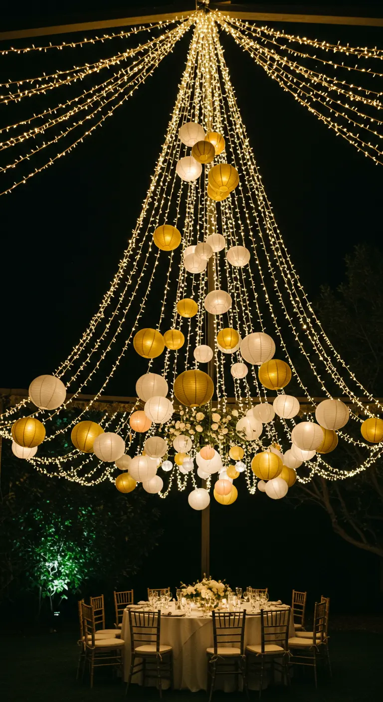 Lustre extérieur géant composé de guirlandes lumineuses et de lampions blancs et dorés en cascade.
