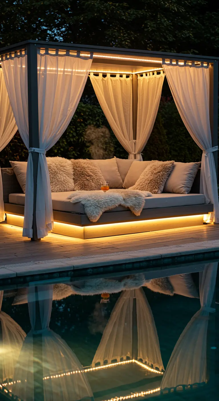 Lit de repos extérieur près d'une piscine avec voilages et éclairage LED.