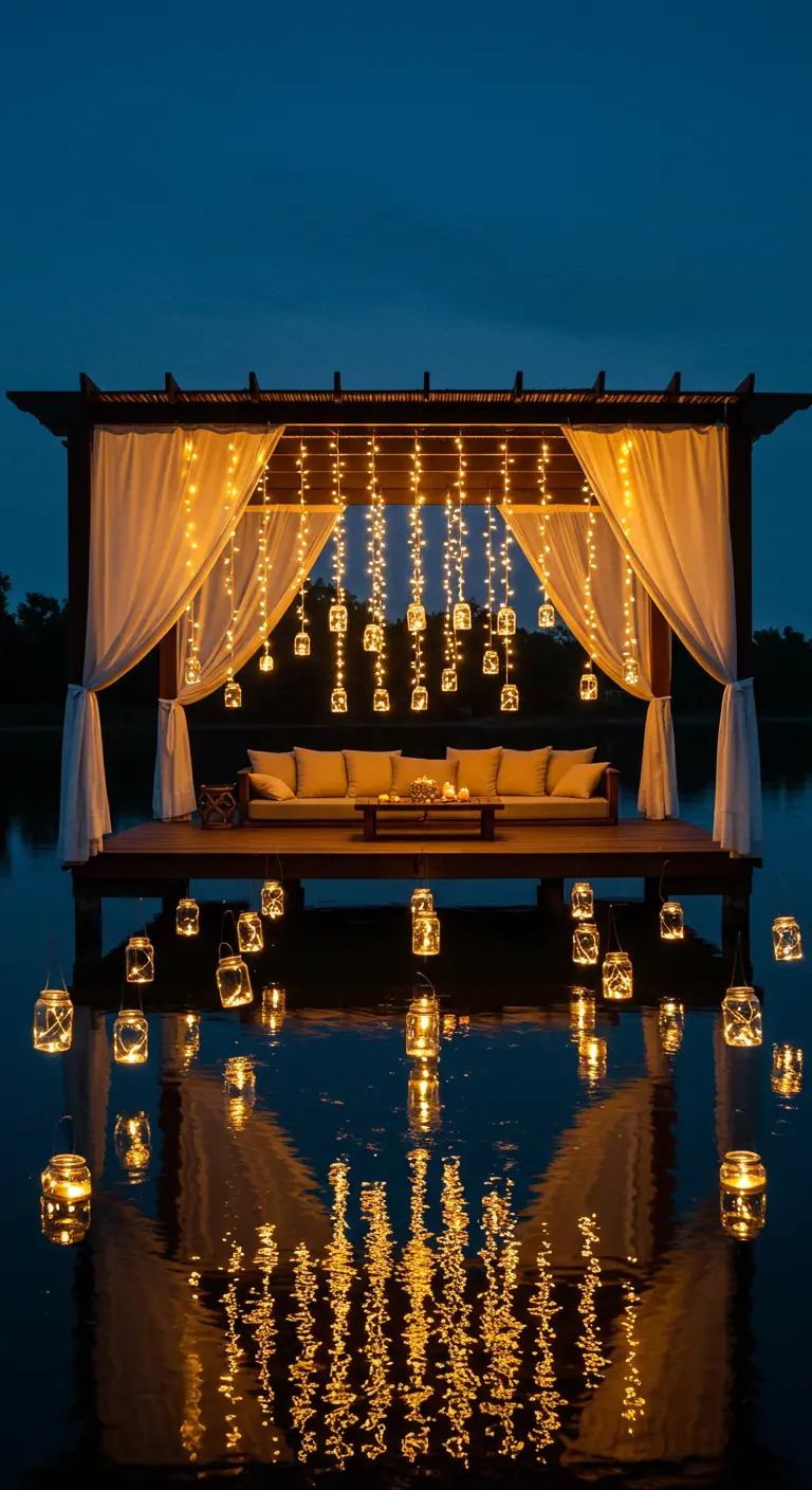 Gazebo en bois flottant sur l'eau, éclairé par des guirlandes et des bocaux lumineux suspendus, avec des rideaux blancs.