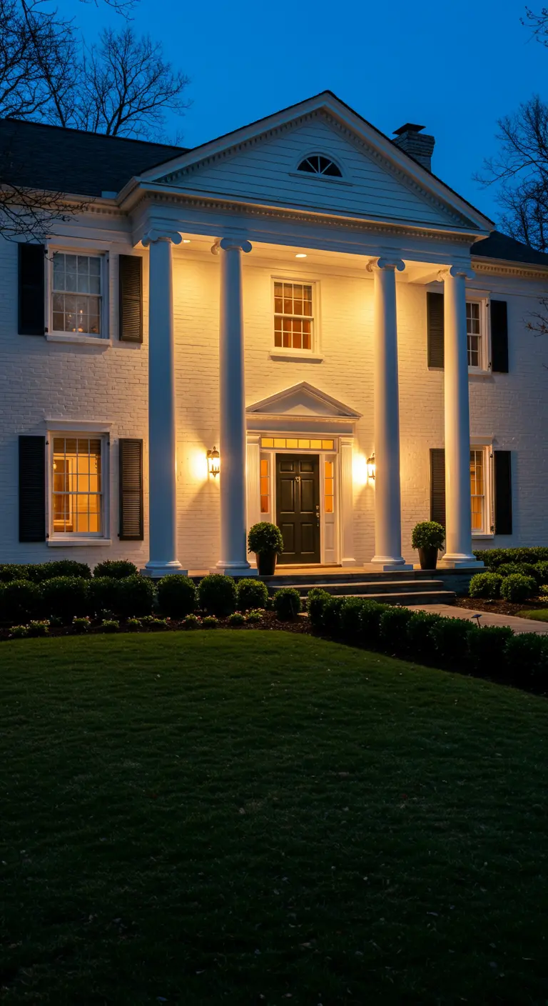 Maison blanche classique avec de grandes colonnes éclairées par le bas et des appliques murales à l'entrée.