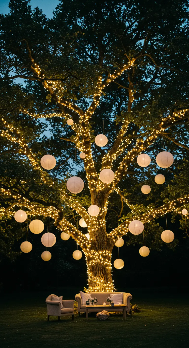 Grand arbre majestueux entièrement recouvert de guirlandes lumineuses et de lampions blancs suspendus.