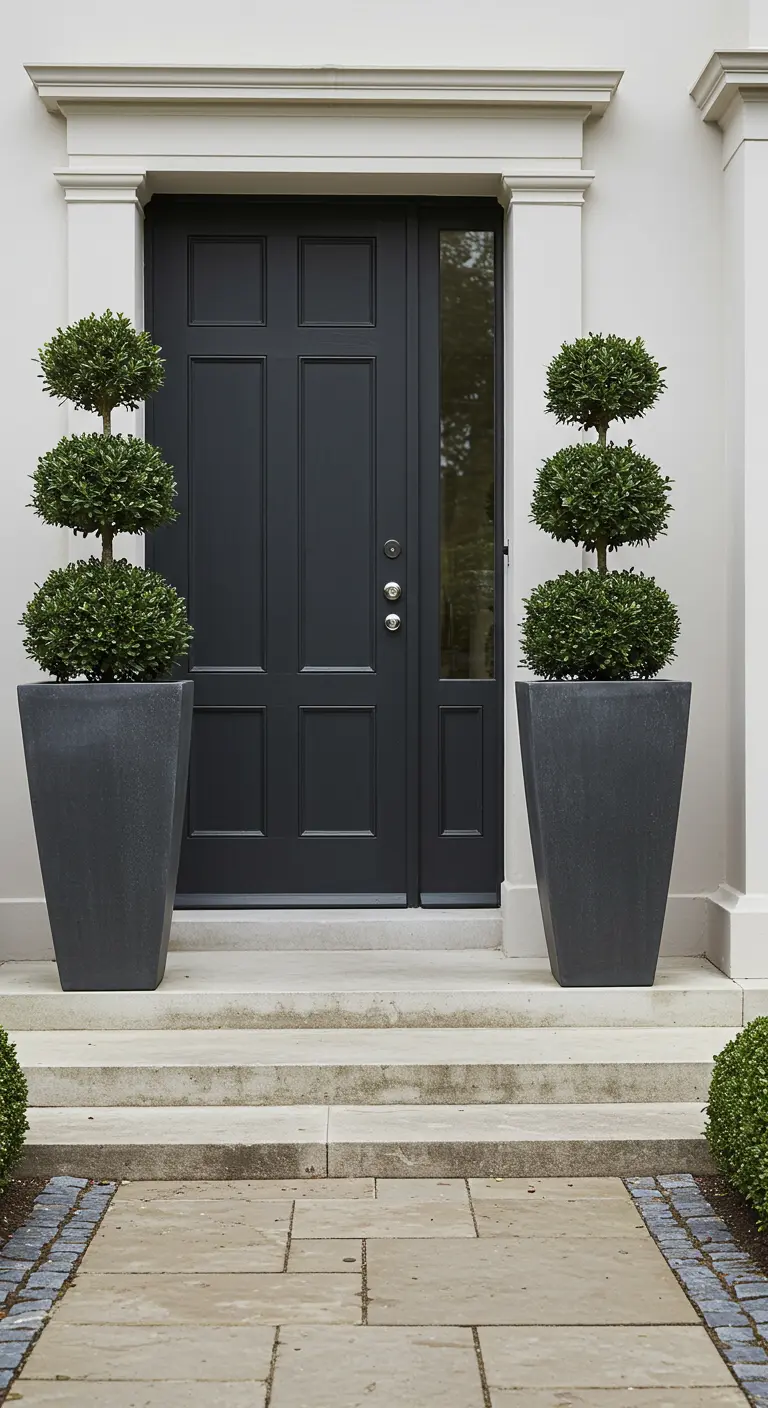 Entrée de maison avec deux grands pots noirs carrés et des topiaires de buis taillés.