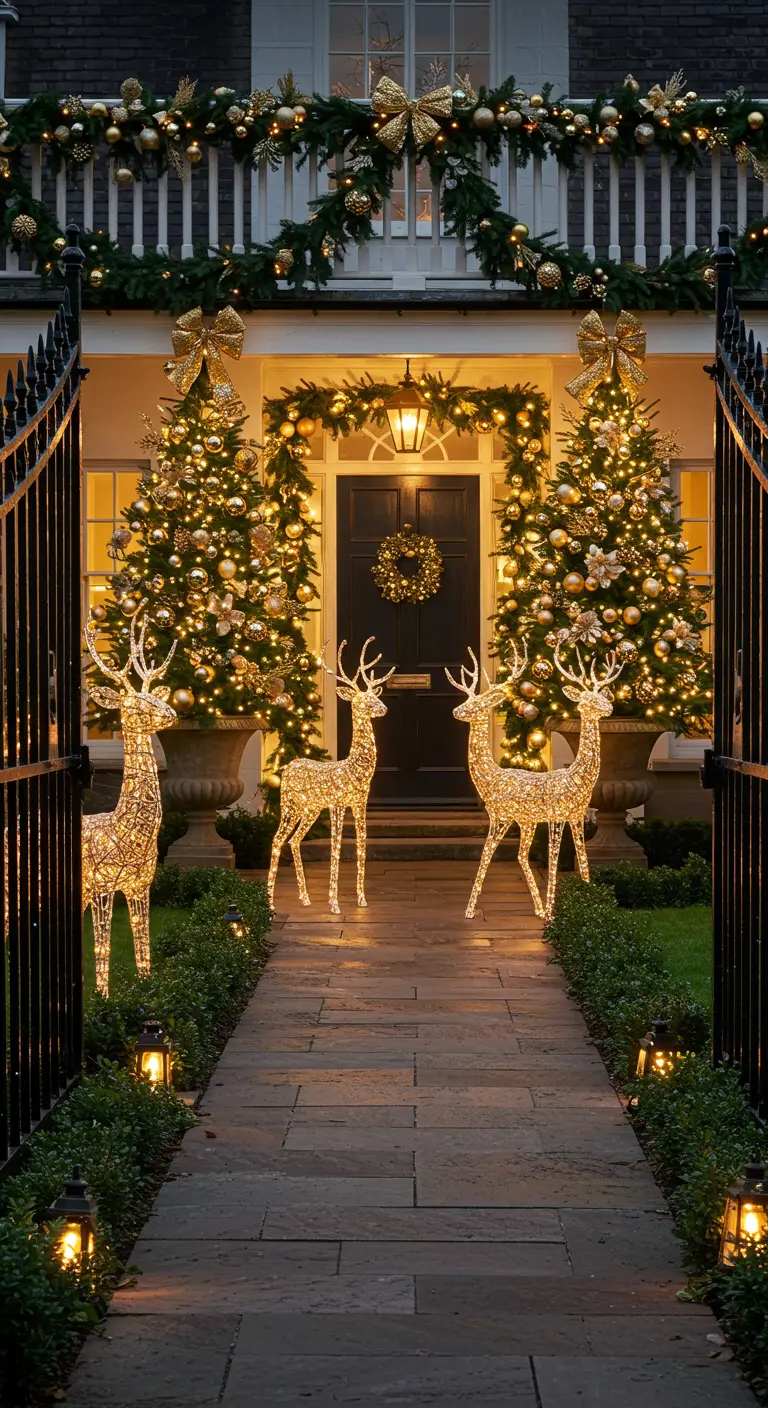 Entrée de maison majestueuse décorée de sapins dorés, guirlandes, cerfs lumineux et lanternes.