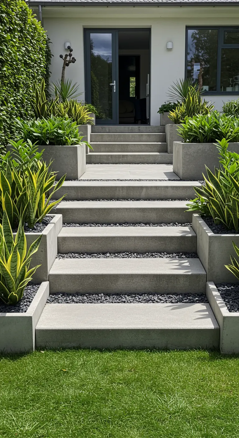 Escalier moderne en béton avec jardinières de Sansevieria et gravier noir.