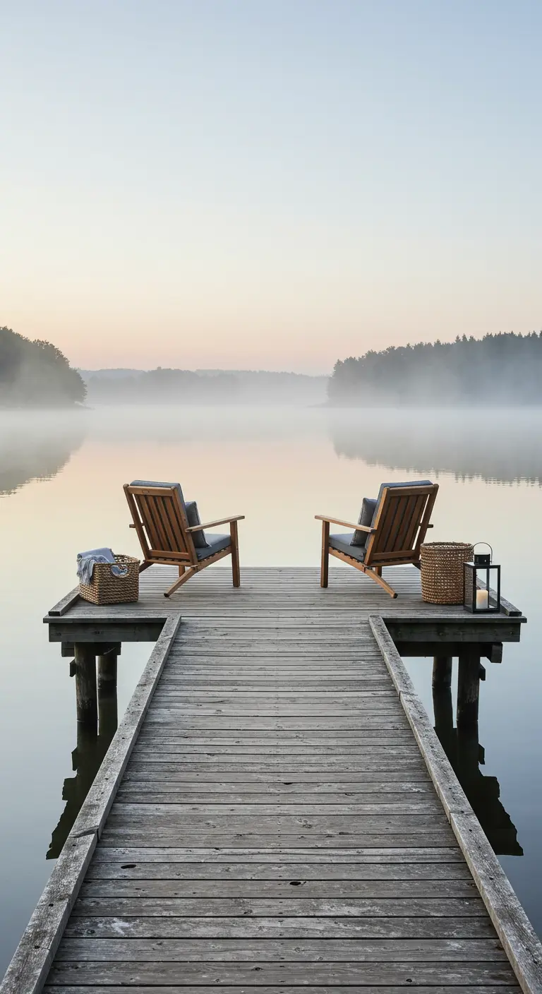 Deux chaises en bois aux coussins gris sur un ponton, paniers tressés, lanterne, brume sur le lac.