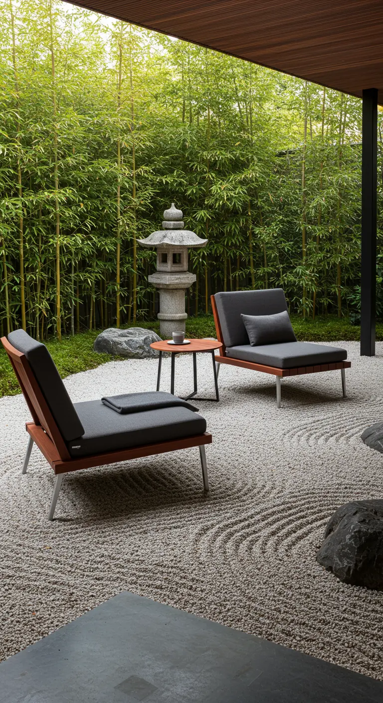 Deux transats minimalistes en bois et gris dans un jardin zen avec bambous et lanterne de pierre.