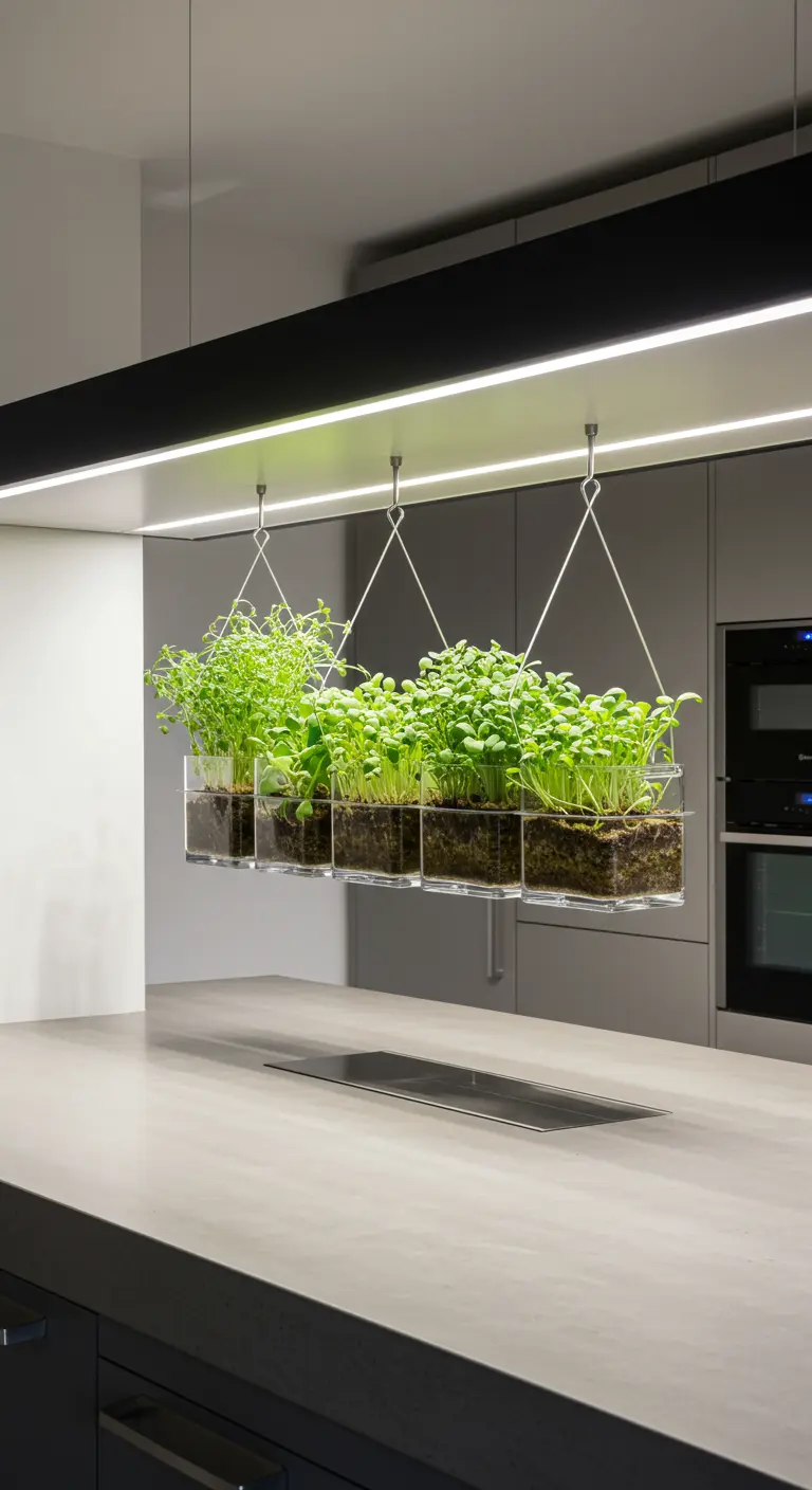 Micro-pousses et herbes aromatiques dans des jardinières transparentes suspendues au-dessus d'un îlot de cuisine.