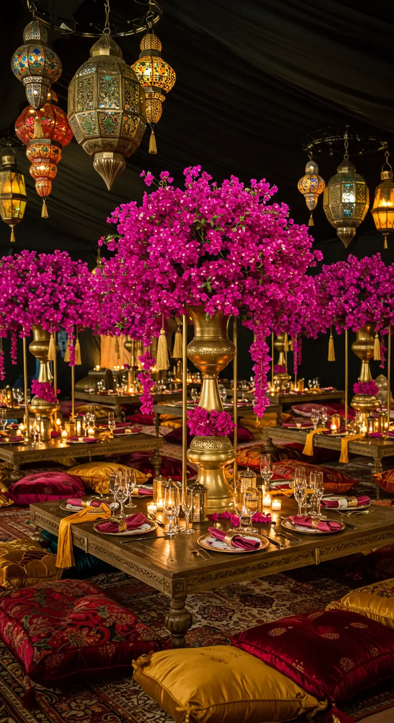 Salle de réception orientale avec tables basses, coussins, centres de table de fleurs fuchsia sur vases dorés et lanternes suspendues.