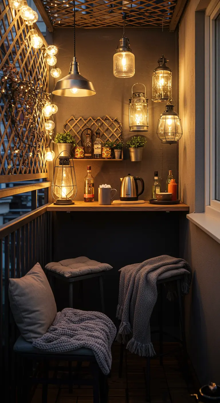 Petit balcon avec mini-bar, tabourets, suspensions lumineuses variées et lanternes murales.
