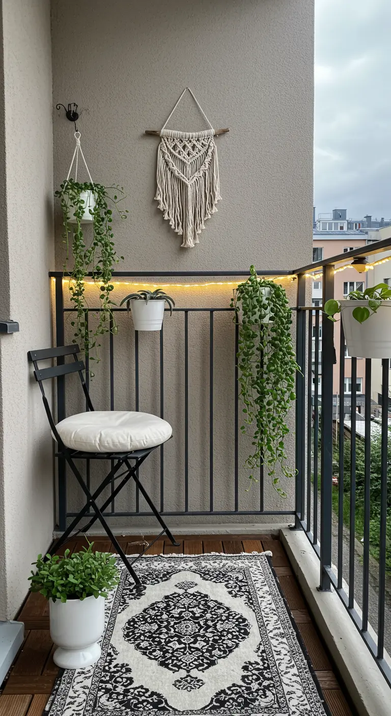 Petit balcon minimaliste avec macramé, plantes suspendues et tapis graphique