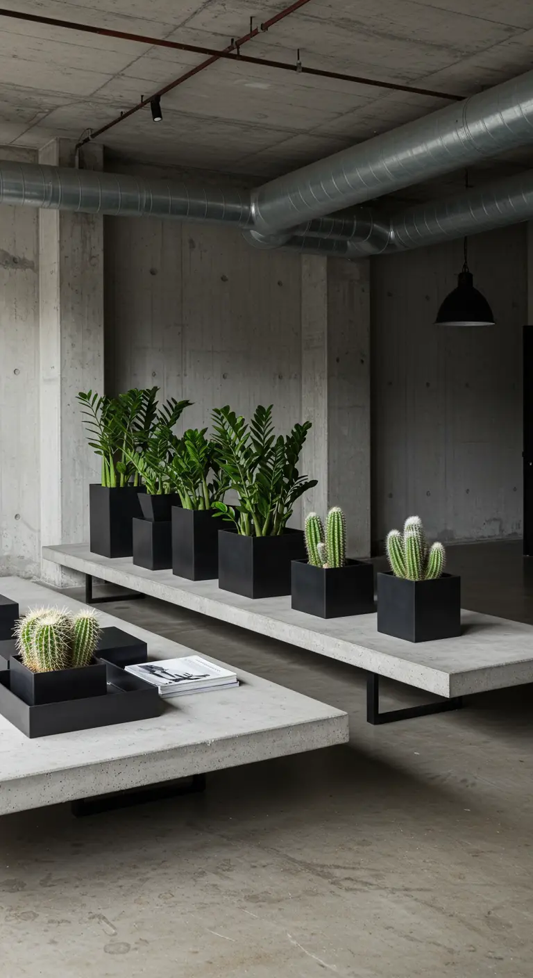 Plantes vertes et cactus dans des pots noirs carrés alignés sur un long banc en béton.