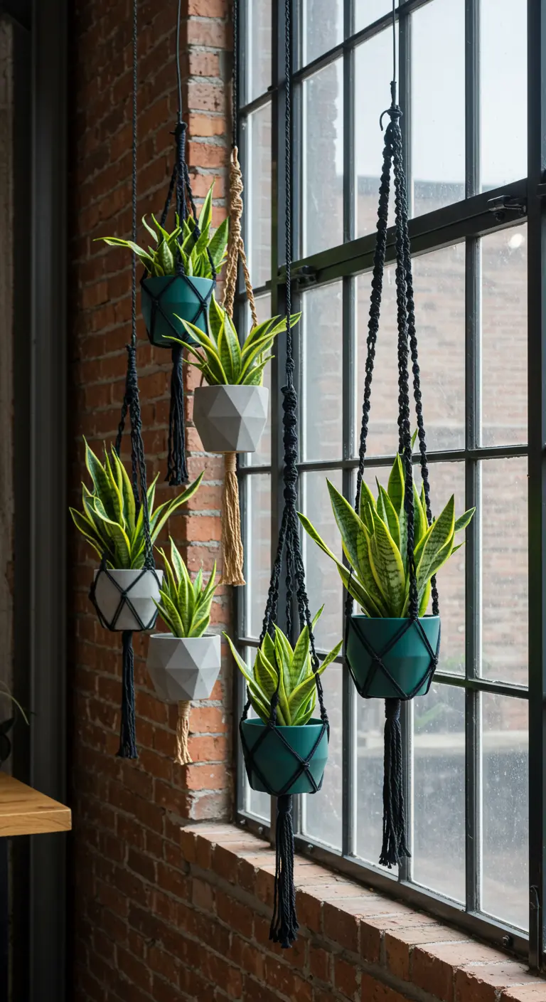 Pots géométriques gris, noirs et verts avec sansevierias, suspendus devant une fenêtre industrielle.