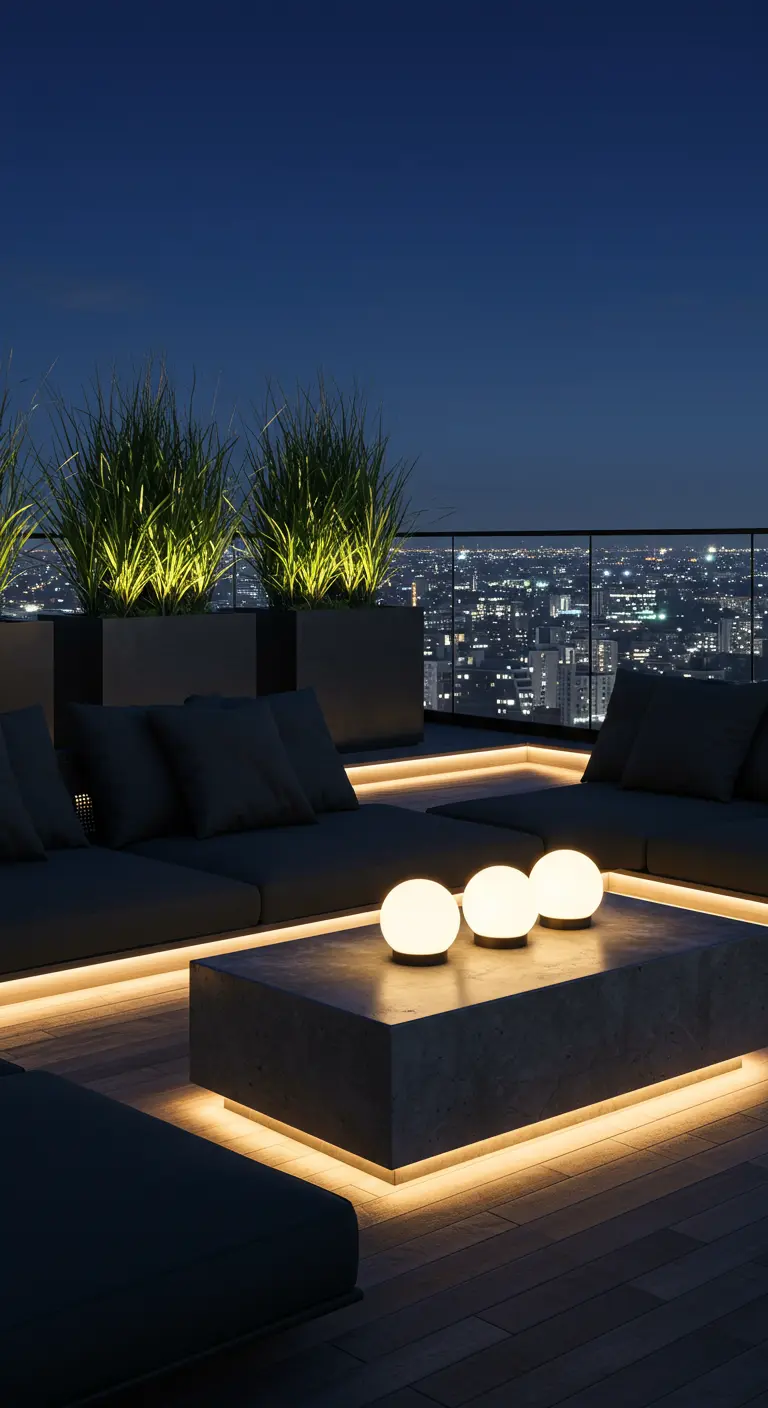 Terrasse toit moderne avec canapé gris, table béton, sphères lumineuses, LED.