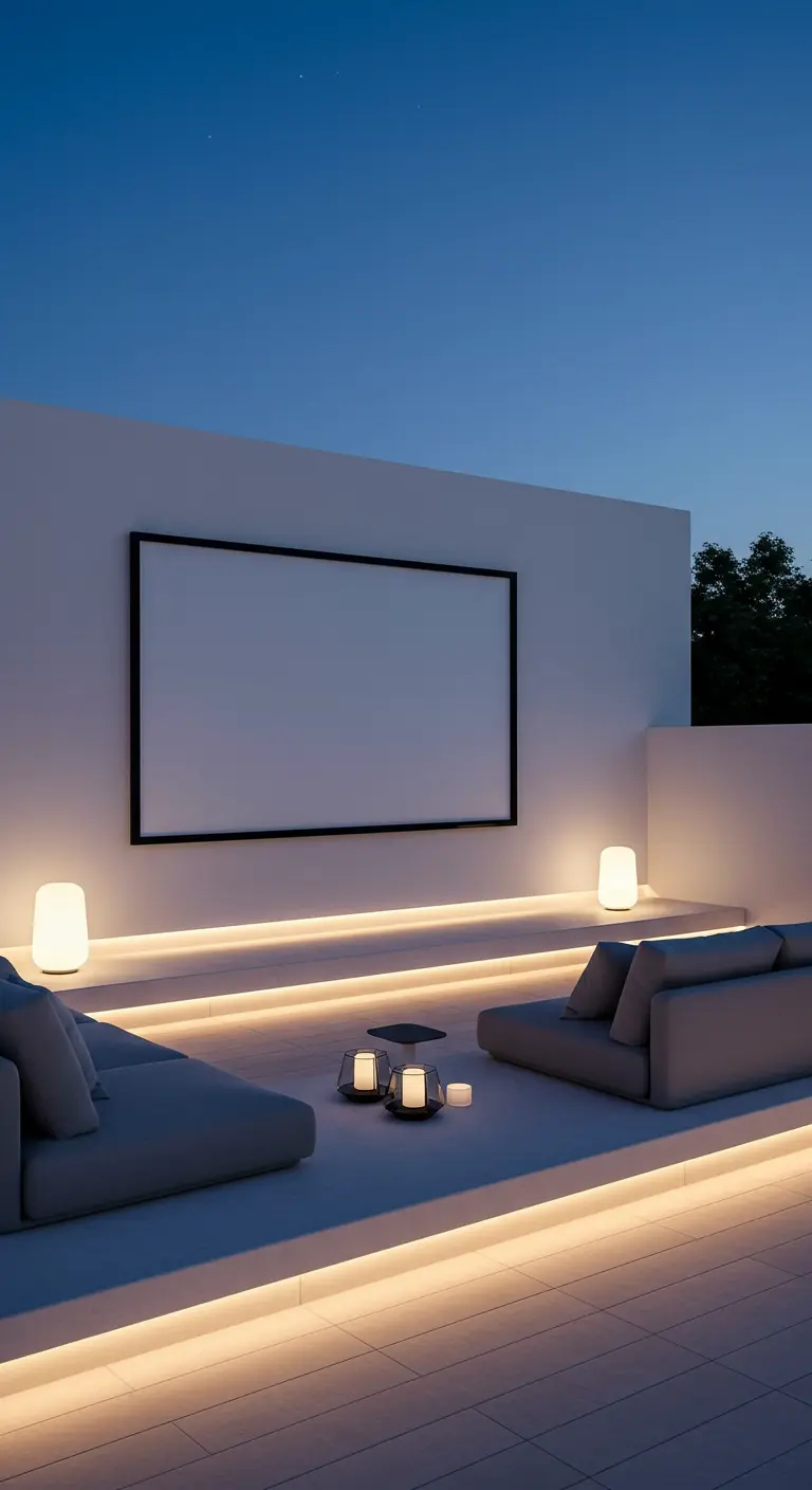 Cinéma extérieur moderne et minimaliste avec écran intégré, LED sous les marches et mobilier épuré.