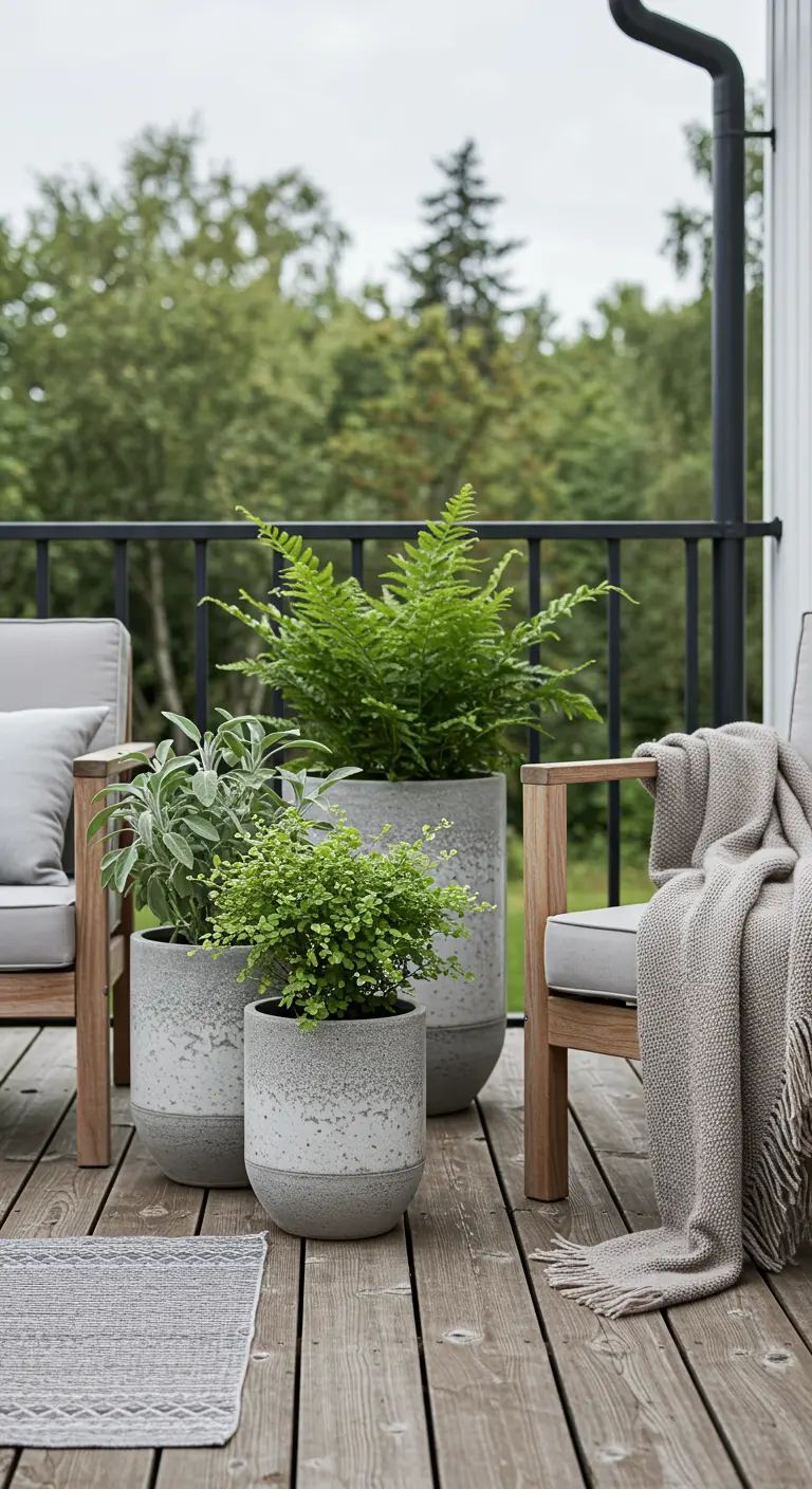 Terrasse en bois avec des pots en béton texturés, fougères et sauge.