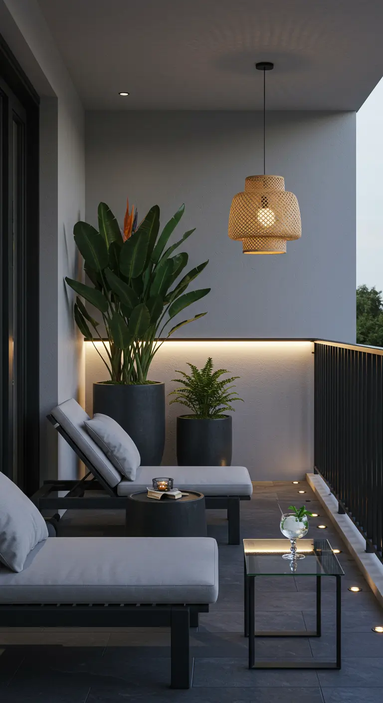 Balcon moderne avec transats gris, grandes plantes, éclairage de sol et suspension en bambou.