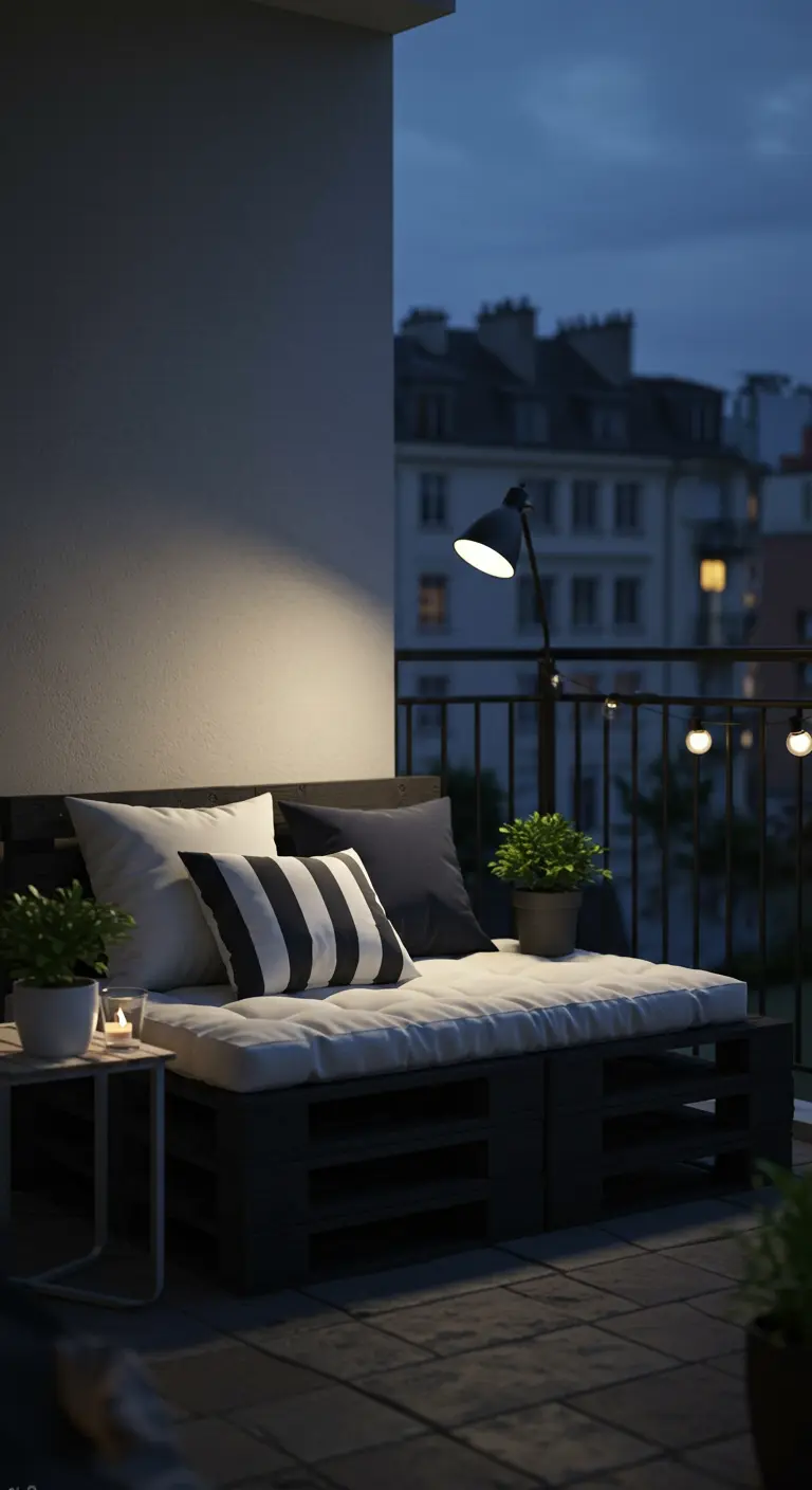 Petit balcon urbain avec banquette en palettes noires, coussins blancs et lampadaire moderne.