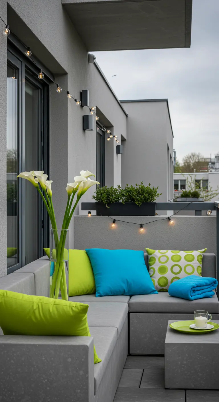 Balcon moderne avec mobilier gris, coussins vert lime et turquoise, callas blanches et guirlandes lumineuses.