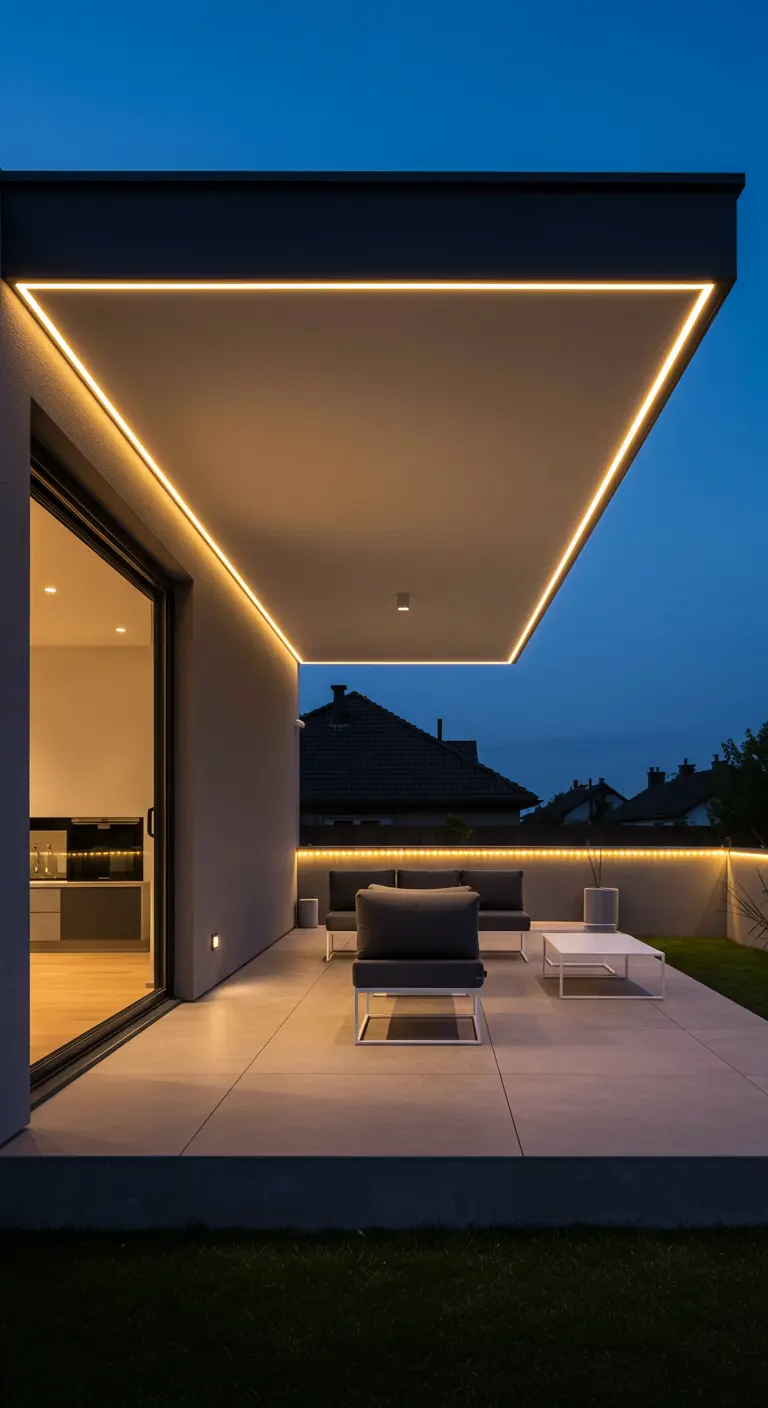 Terrasse moderne avec éclairage LED linéaire intégré sous le toit et le long des murs.
