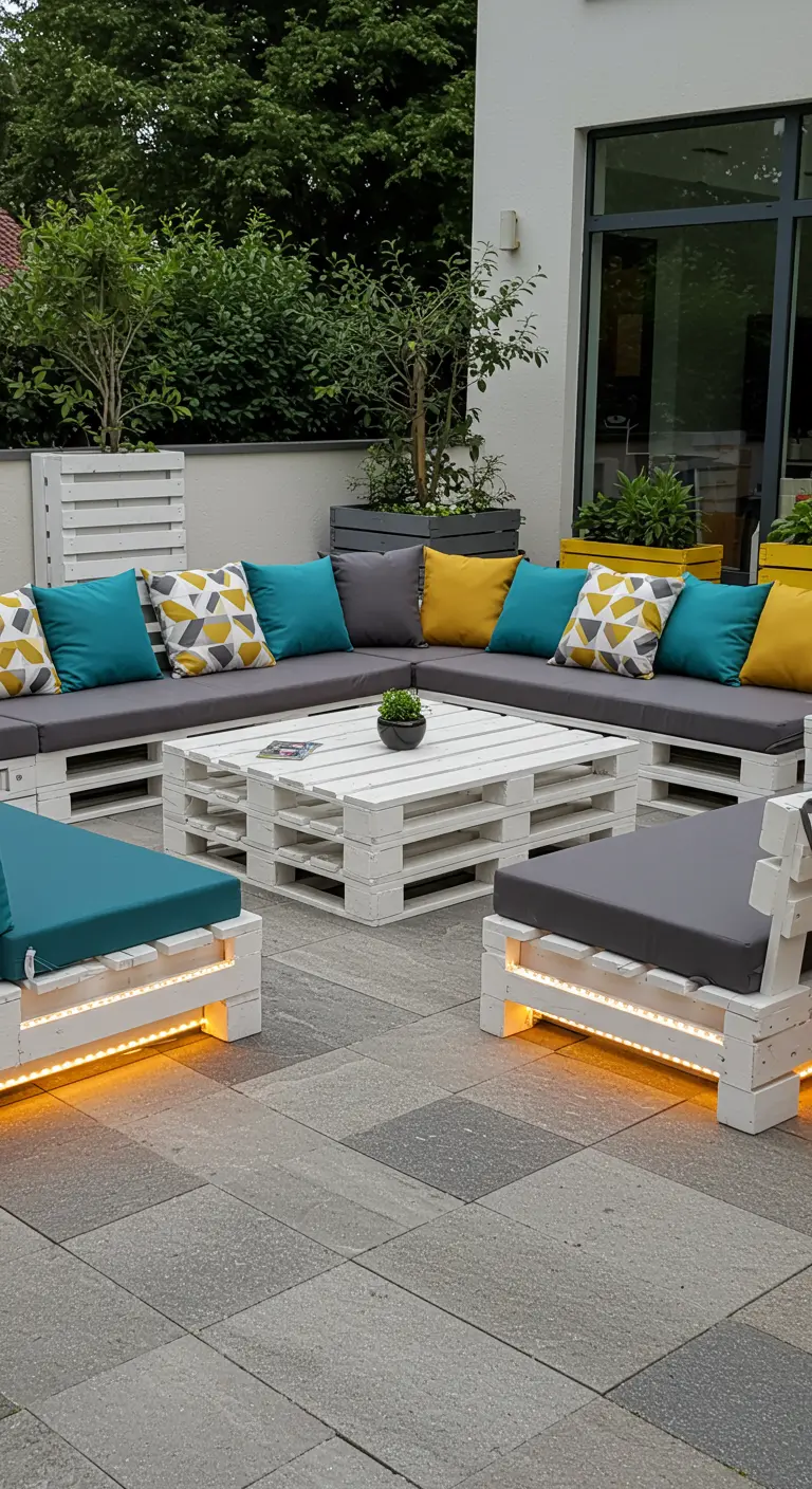 Salon de jardin en palettes blanches, coussins gris/jaune/turquoise, LED intégrées sous assises.