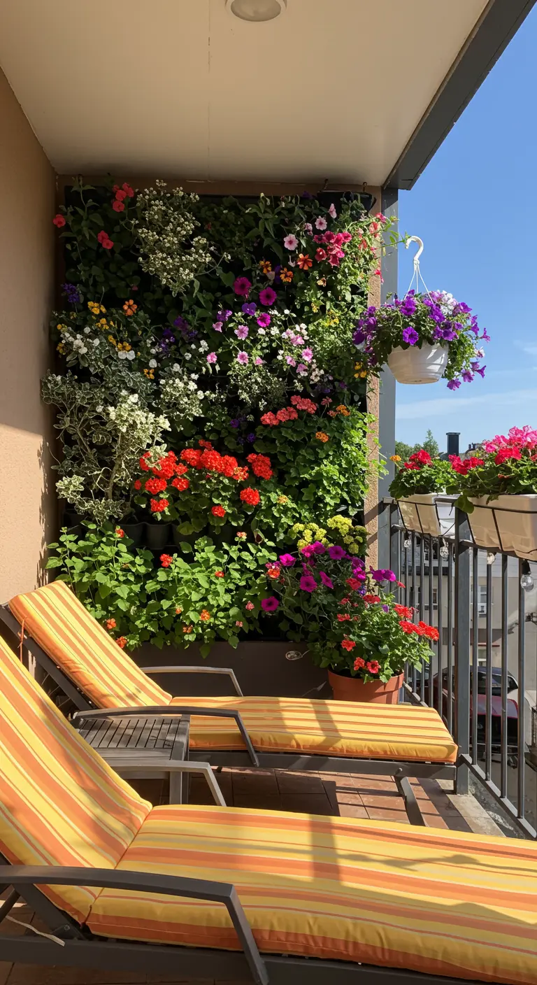 Balcon ensoleillé avec un grand mur végétal multicolore, des suspensions fleuries et deux transats rayés orange.