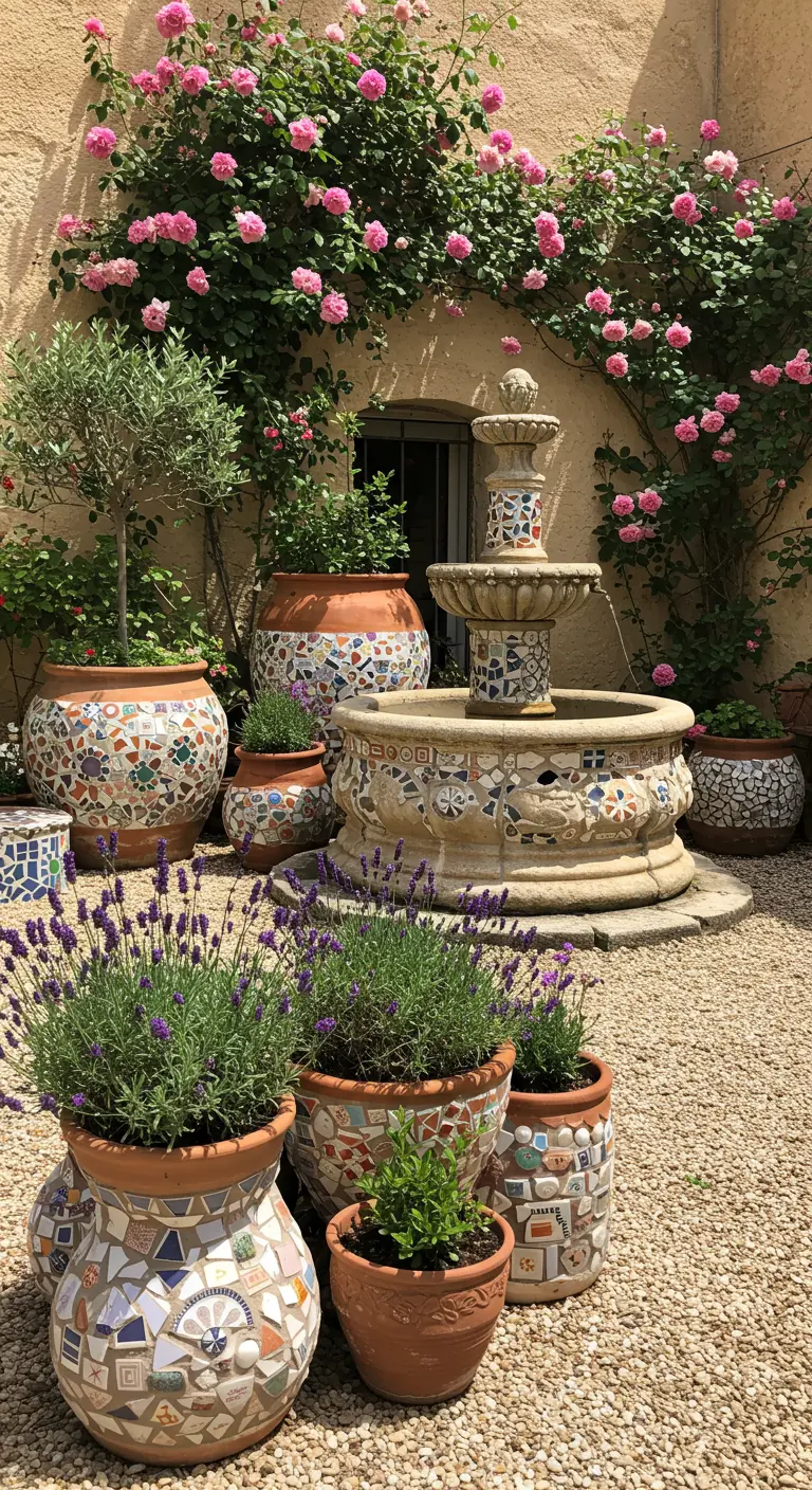 Pots en terracotta décorés de mosaïques colorées, entourant une fontaine et des plants de lavande.