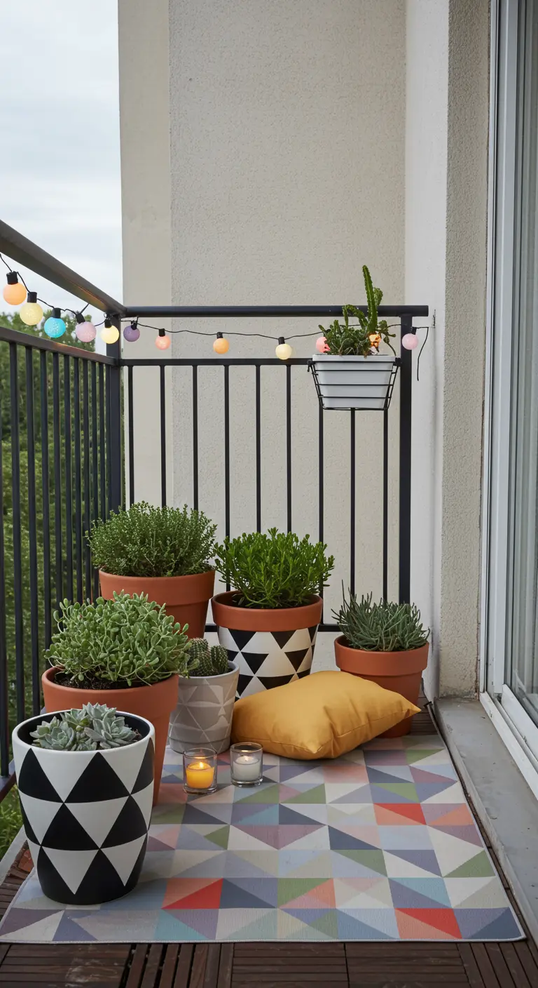 Balcon avec tapis géométrique coloré, pots en terre cuite et à motifs, et guirlande lumineuse.