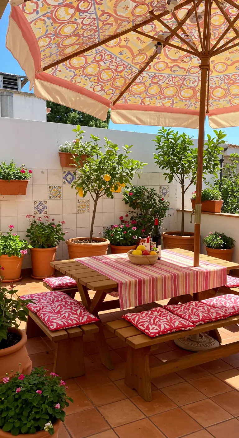 Terrasse ensoleillée avec table pique-nique, parasol à motifs et citronniers en pots.