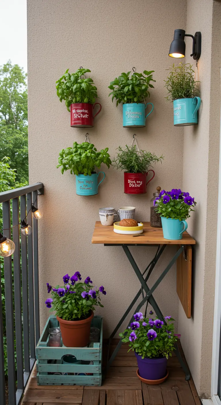 Mugs colorés suspendus au mur en tant que jardinières pour des herbes aromatiques